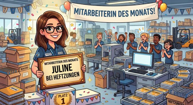 Mitarbeiterin des Monats hält die Plakete hoch als Verdienst für die gute Leistung.