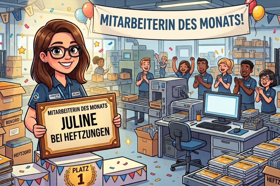 Mitarbeiterin des Monats hält die Plakete hoch als Verdienst für die gute Leistung.