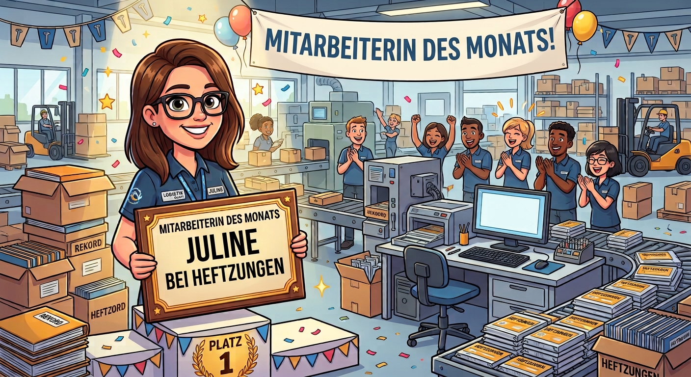 Mitarbeiterin des Monats - Juline Mitarbeiterin des Monats hält die Plakete hoch als Verdienst für die gute Leistung.
